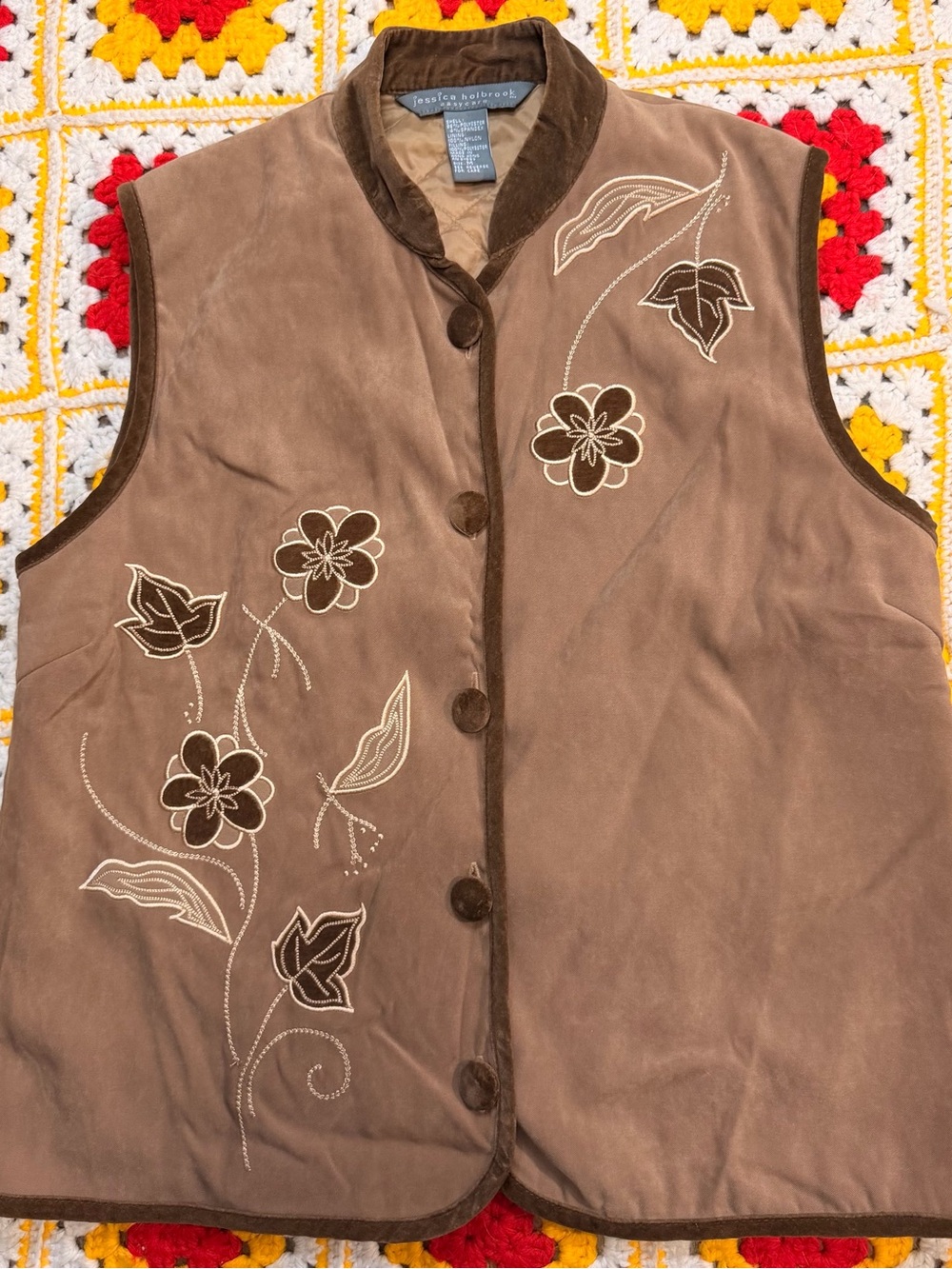 Vintage Boho Jessica Holbrook Brown Floral Suede Like Vest